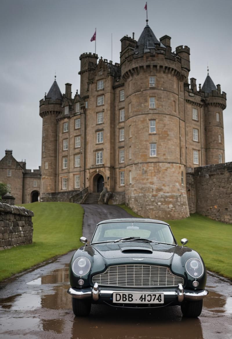 00805-1458539300-Front view wide angle of Aston Martin DB5 1964 in front of a scottish castle by Bruno Barbey,Rain,Highlights,Puddle, _lora_RMSDX.png